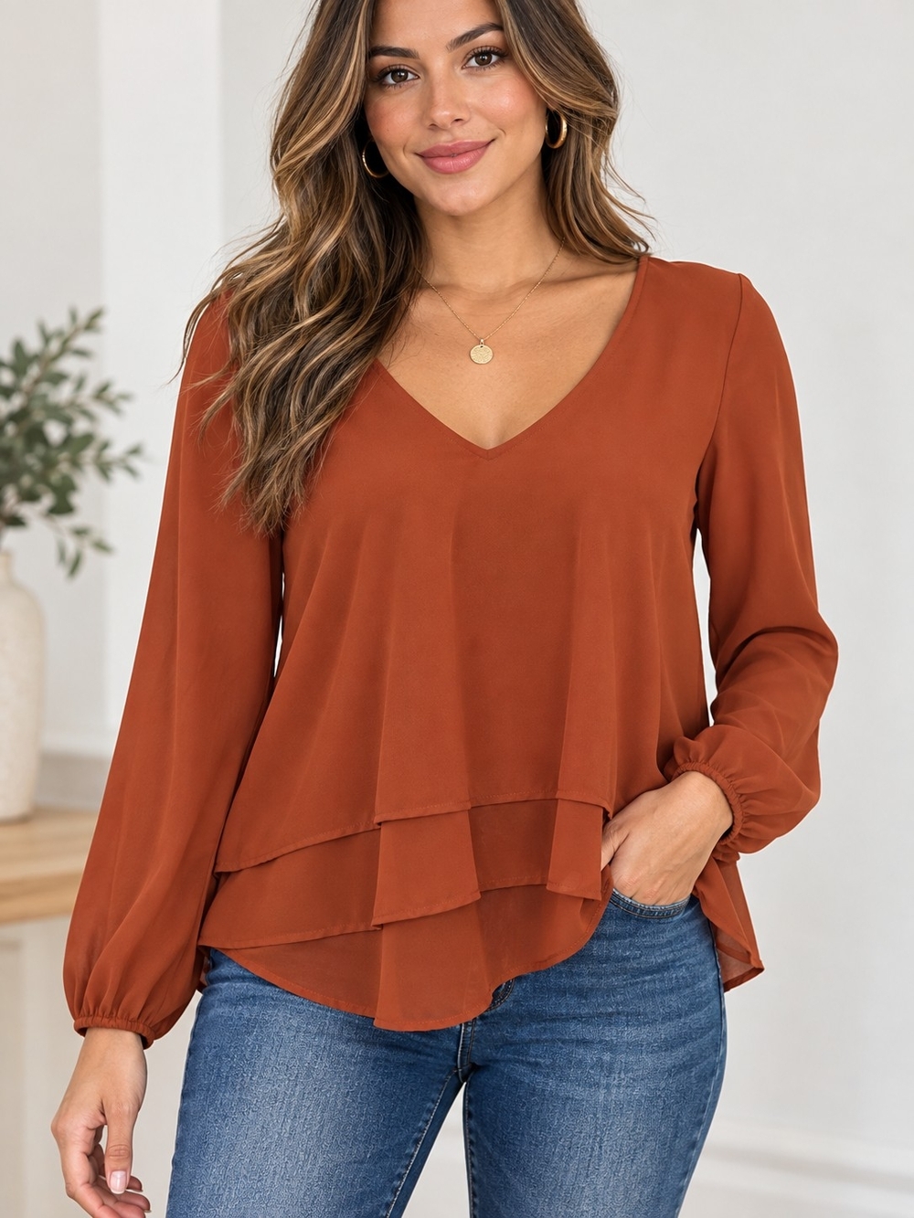 Abercrombie & Fitch Rust Tiered V-Neck Long-Sleeve Blouse